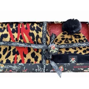 Ed Hardy Women Gift Set Leopard Print Beanie & Scarf Set NWT